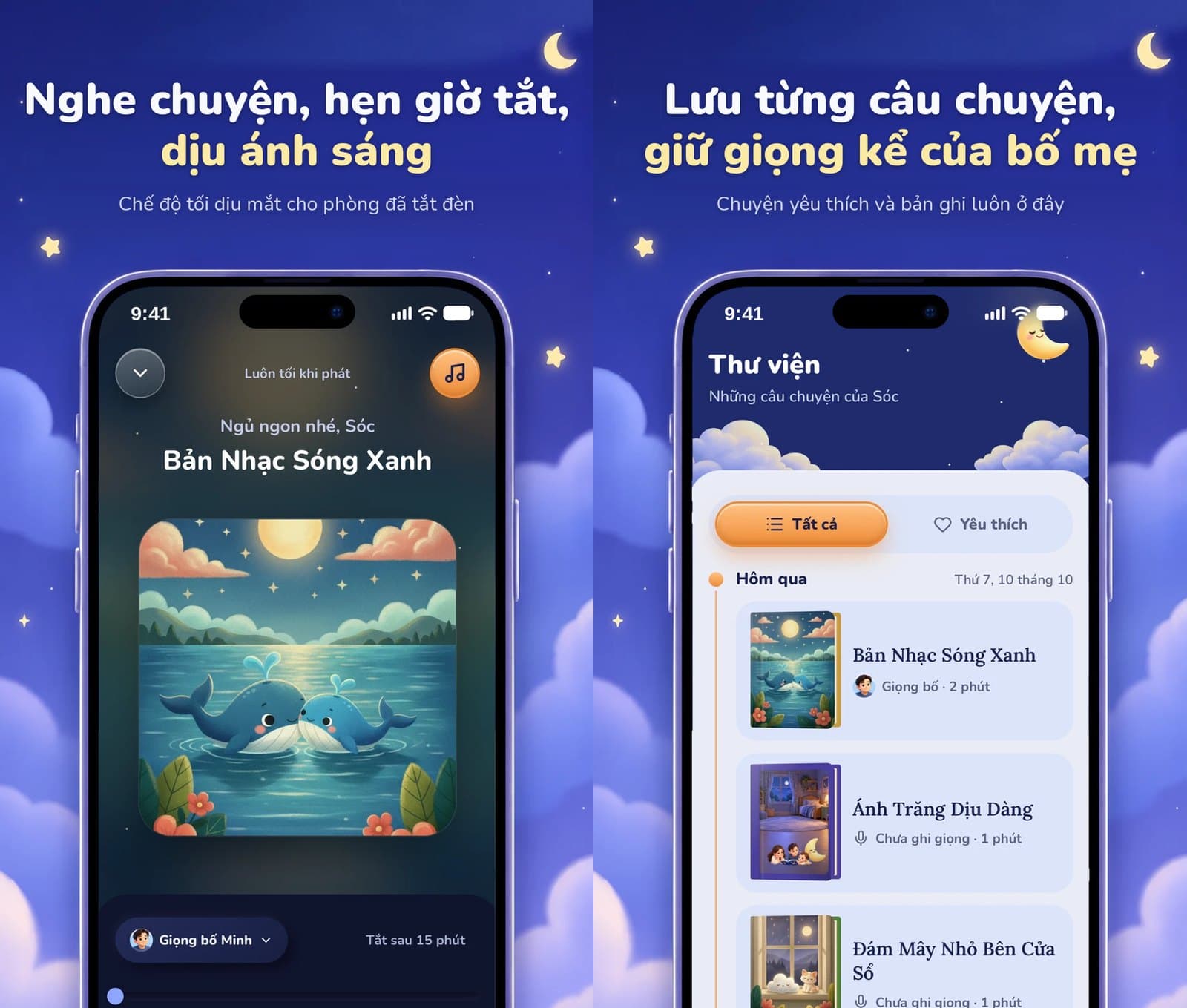 The night-mode player reading a story in Dad's voice, next to the library of saved stories.